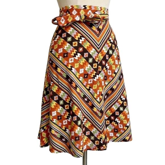 Dresses & Skirts - 70s Vintage Southwest Aztec Pattern Wrap Skirt Mini Boho Cotton Union Made.